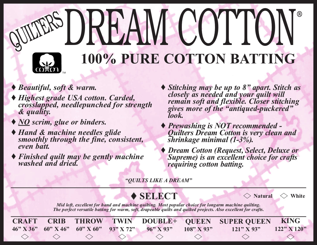 Quilters Dream Cotton - 100% Pure Cotton Batting - White Select - Queen