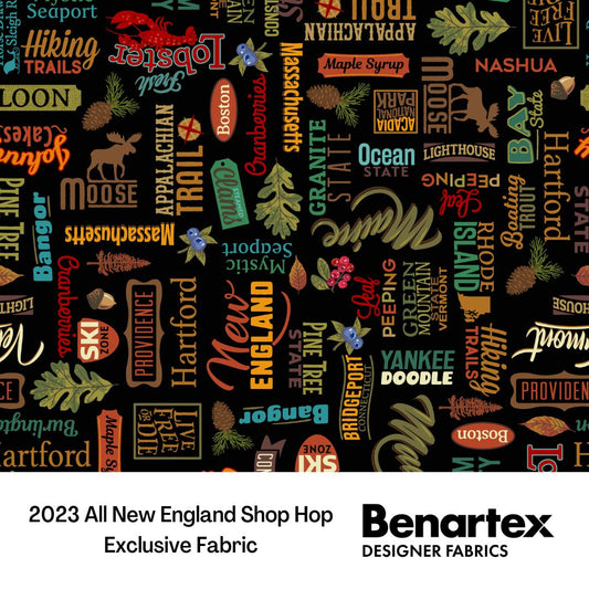 All New England Shop Hop 2023 - New England Words - Black - by Benartex