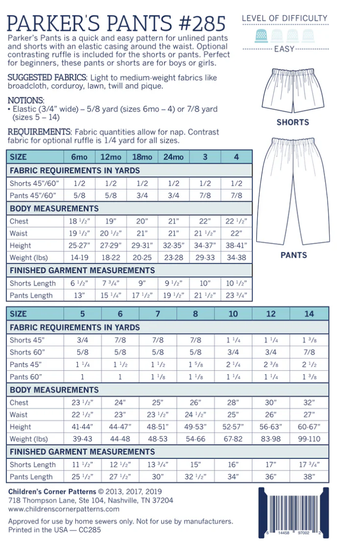 Parker's Pants Sizes - 6mo-14 by Children's Corner Patterns