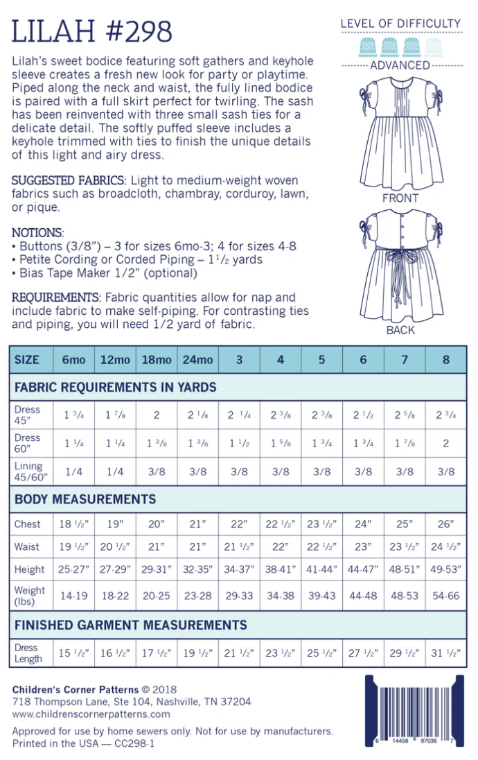 Lilah Dress Sizes 6mo-8 by Children's Corner Patterns