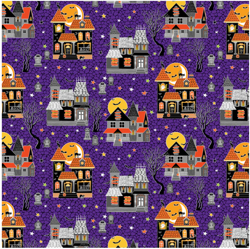 Glow-O-Ween - Haunted Houses - Dark Purple by Benartex