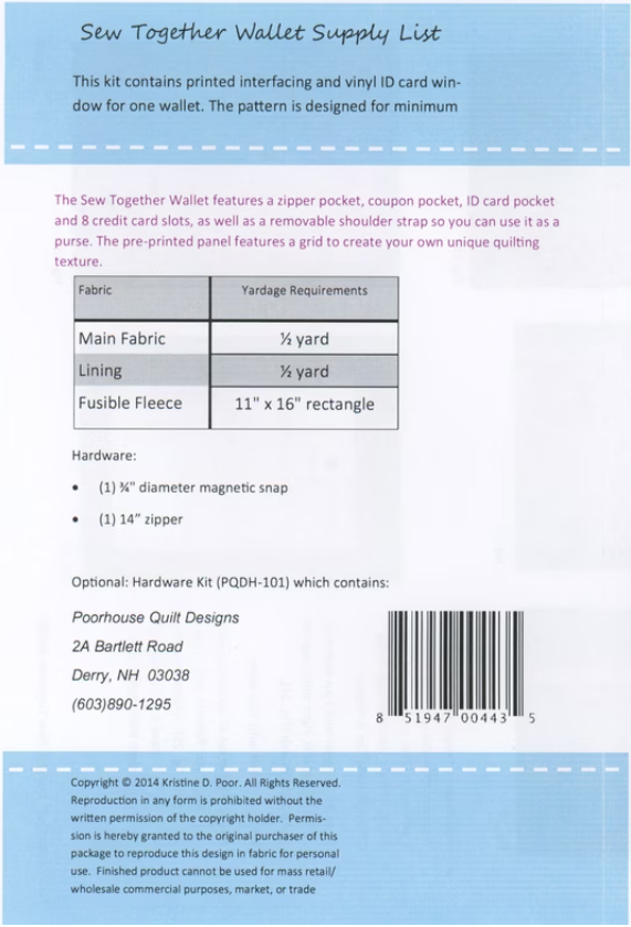 Sew Together Wallet Kit by Poorhouse Quilt Designs