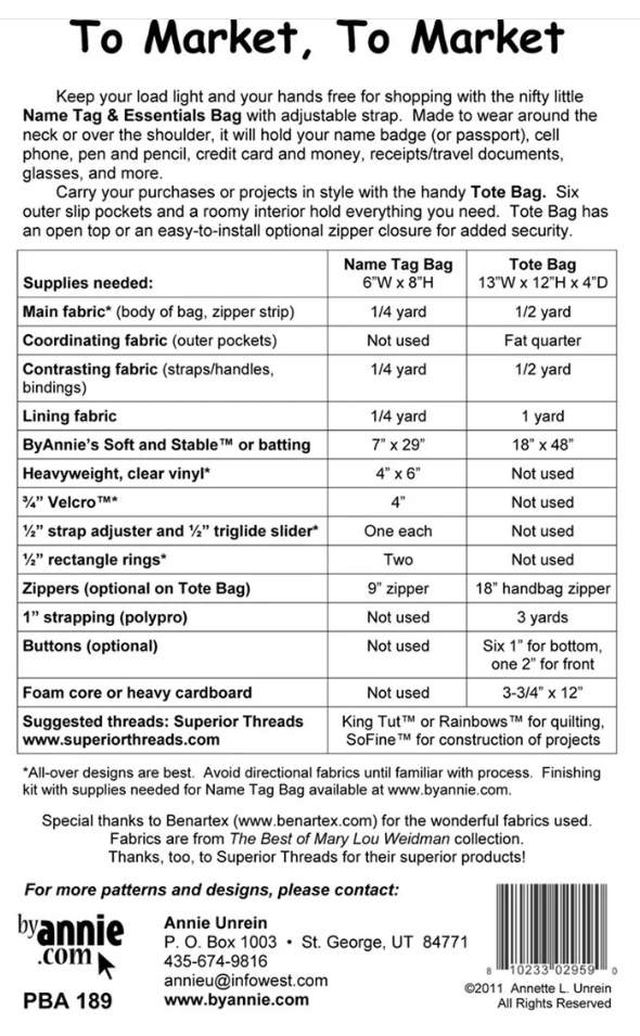 To Market, To Market Tote and Tag Pattern by Annie