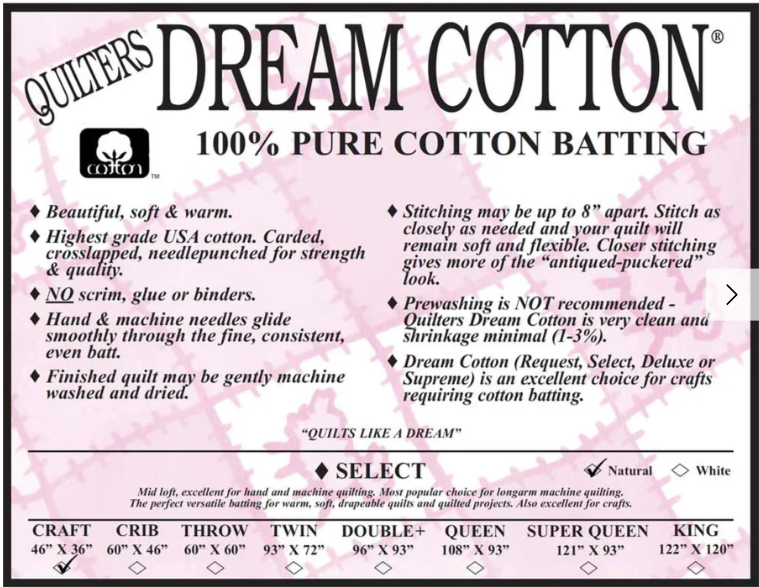 Quilters Dream Cotton - 100% Pure Cotton Batting - Natural Select - Craft