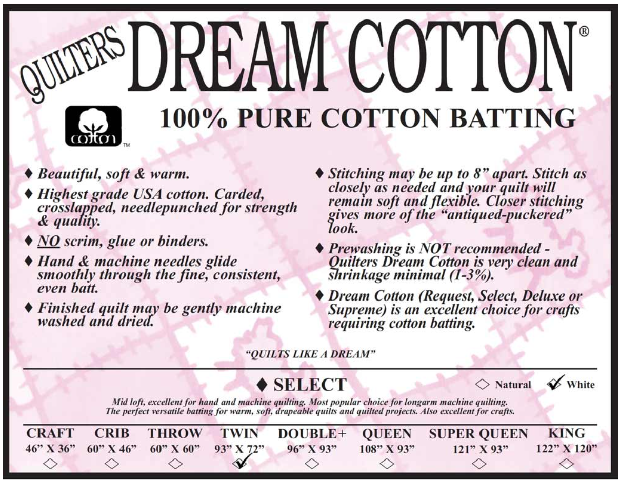 Quilters Dream Cotton - 100% Pure Cotton Batting - White Select - Twin