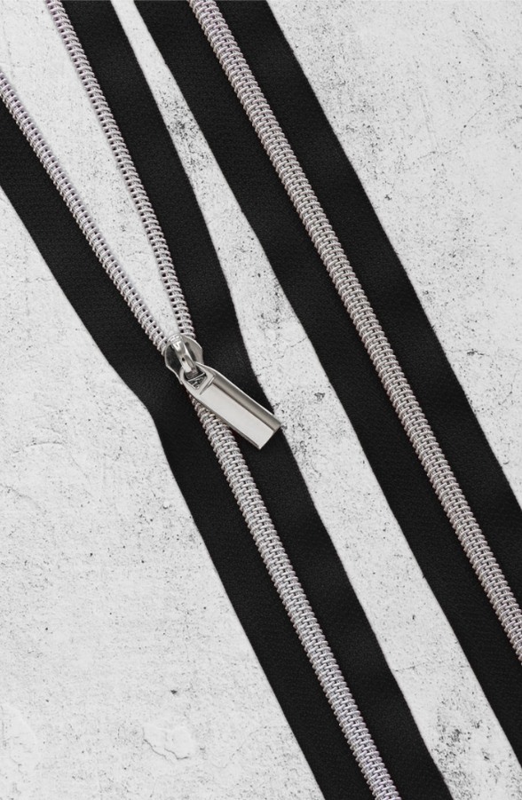 Sallie Tomato - 3 Yard Zipper - Black Tape & Nickel Coil