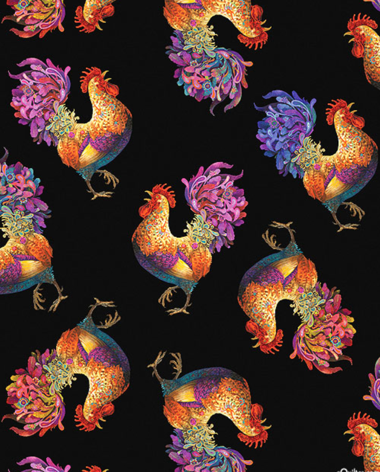 Something to Crow About - Rooster Toss Black by Benartex