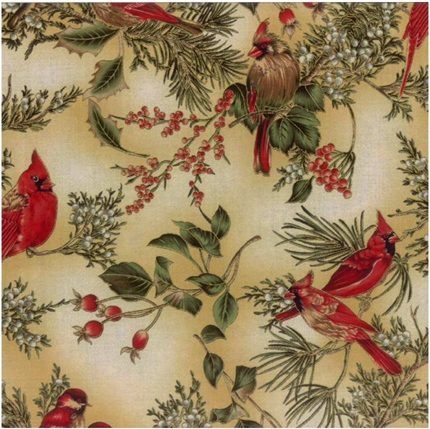 Winter Magic - Cardinals Cream/Gold H8821-33G by Hoffman Fabrics