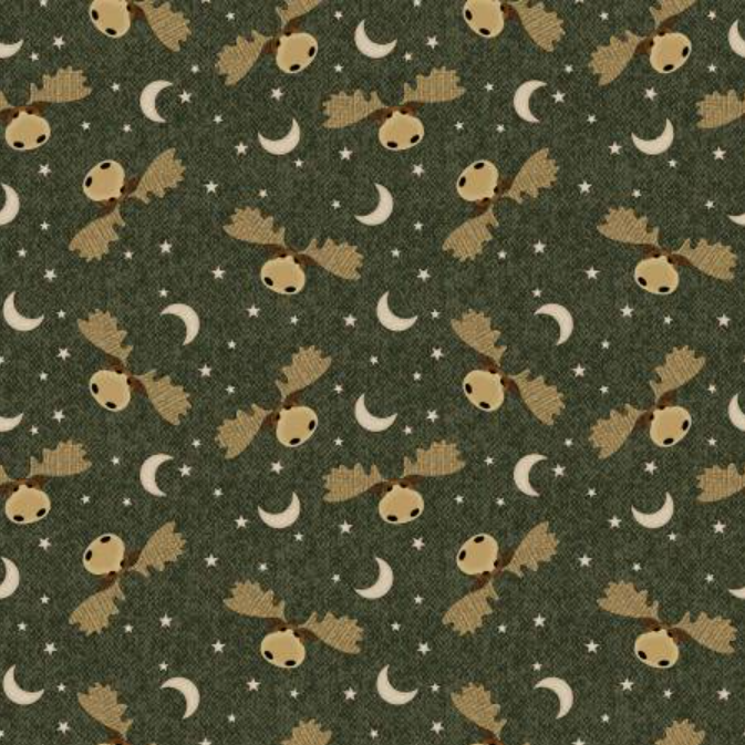A Moose in the Woods - Moose Moon and Stars Green by Benartex