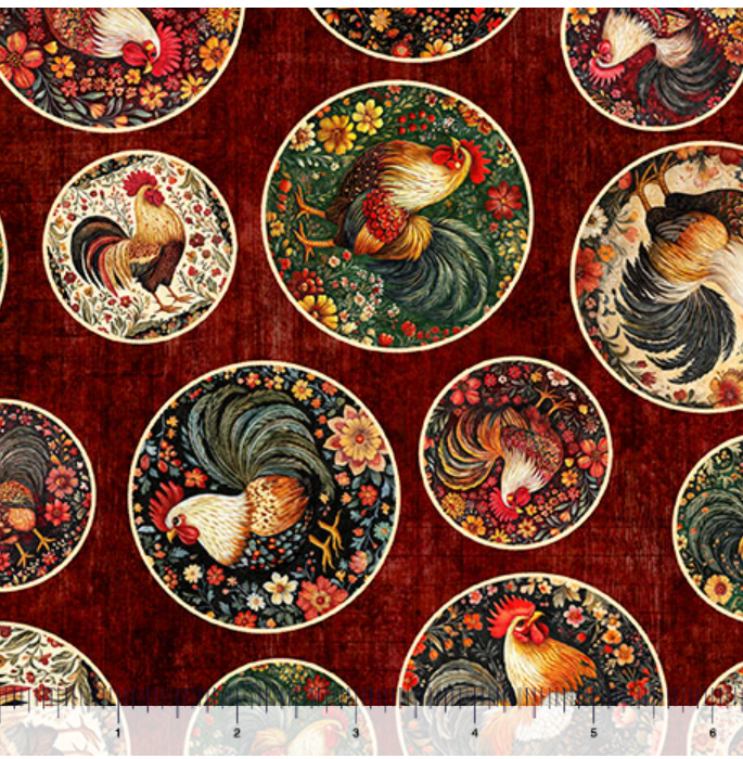 Rule the Roost - Rooster Medallions Wine 2600-31499-M by QT Fabrics