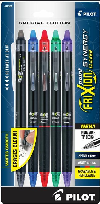 FriXion Retractable Extra Fine Tip Pens - Black, Blue, Red, Green, Purple - Set of 5