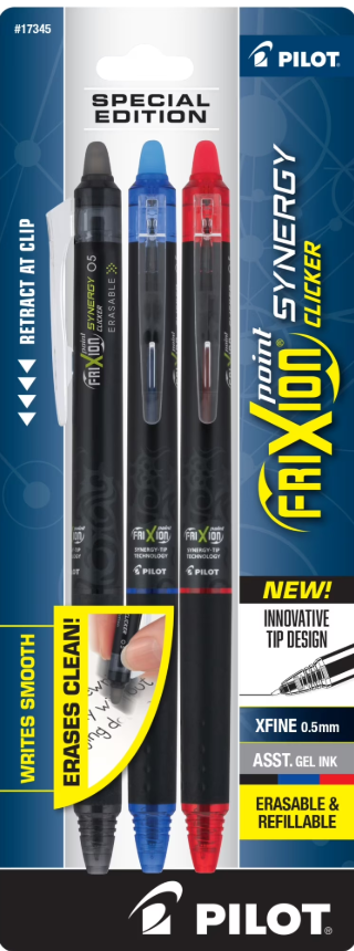 FriXion Retractable Extra Fine Tip Pens - Black, Blue, Red, Green, - Set of 3
