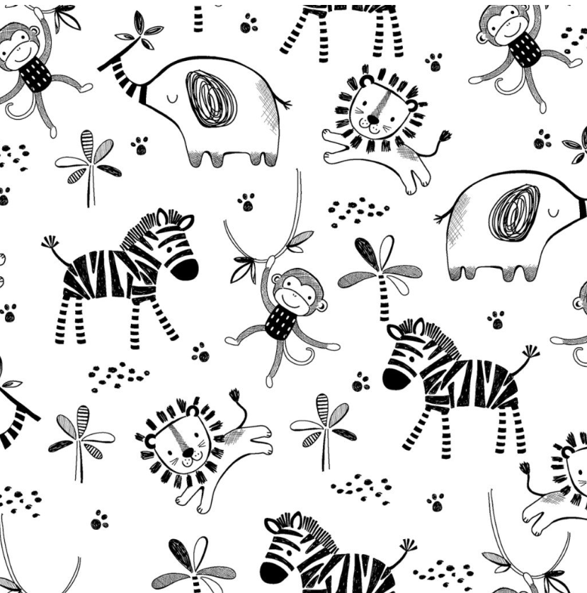 Jungle - Safari Animals Black on White Flannel 15794-WHT-D by 3 Wishes Fabric
