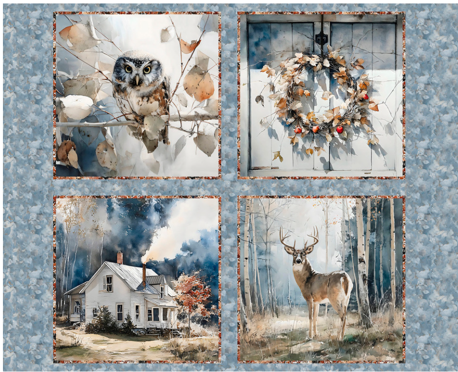 Blue Autumn Panel with Owl/Deer by 3 Wishes(149)