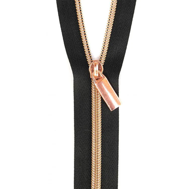 Sallie Tomato - 3 Yard Zipper - Black Tape with Rose Gold Coil #5