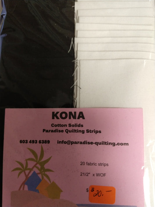 KONA Cotton Solids - Black/White 2 1/2" Strips - package of 10 Strips of Each