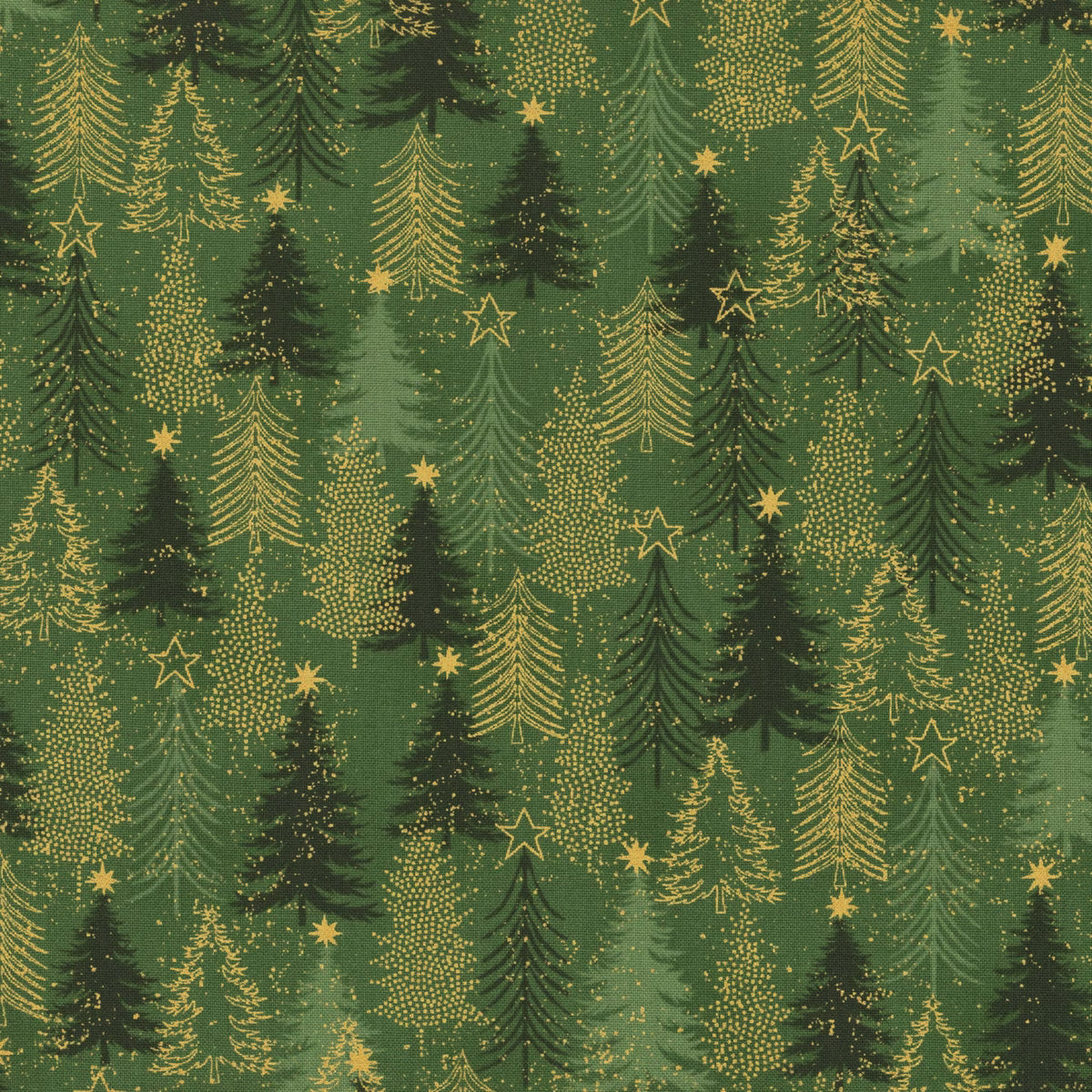 Snow Crystals - Green & Gold Trees 4593-811 by Stof Fabrics