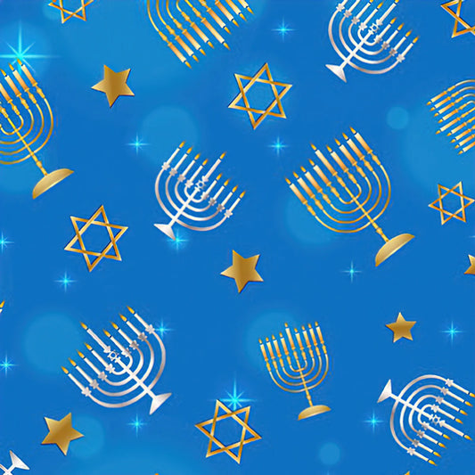 Festival of Lights - Menorahs and Stars Medium Blue by Kanvas Studio