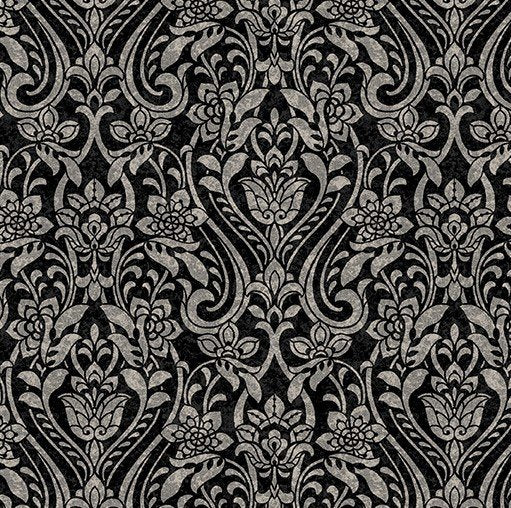 Traditions Damask Black/Grey (Hummingbirds and Honeysuckle) by Benartex