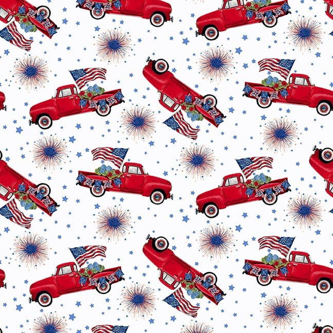 Wings of Freedom - Tossed Trucks White/Multi 1536-08 by Erica Christopher for Henry Glass & Co.