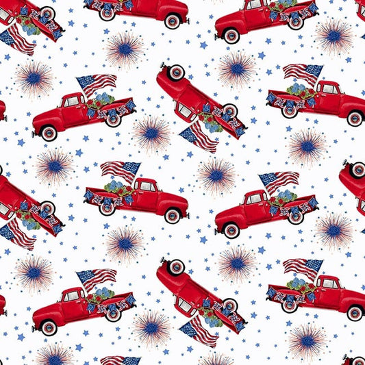 Wings of Freedom - Tossed Trucks White/Multi 1536-08 by Erica Christopher for Henry Glass & Co.