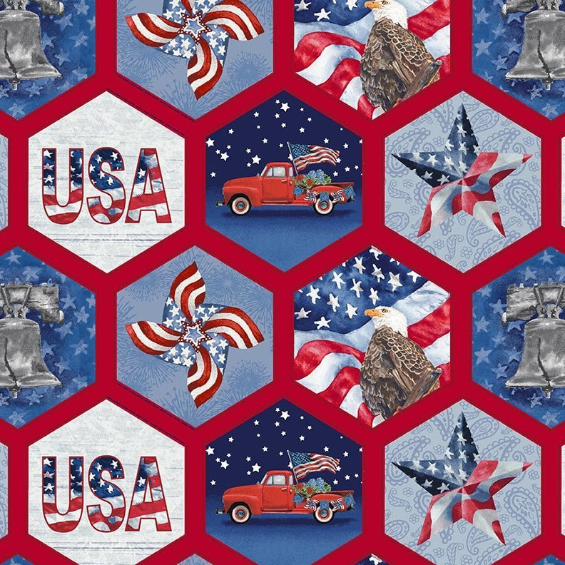 Wings of Freedom - Patriotic Honeycomb Blue/Multi 1538-76 by Erica Christopher for Henry Glass & Co.