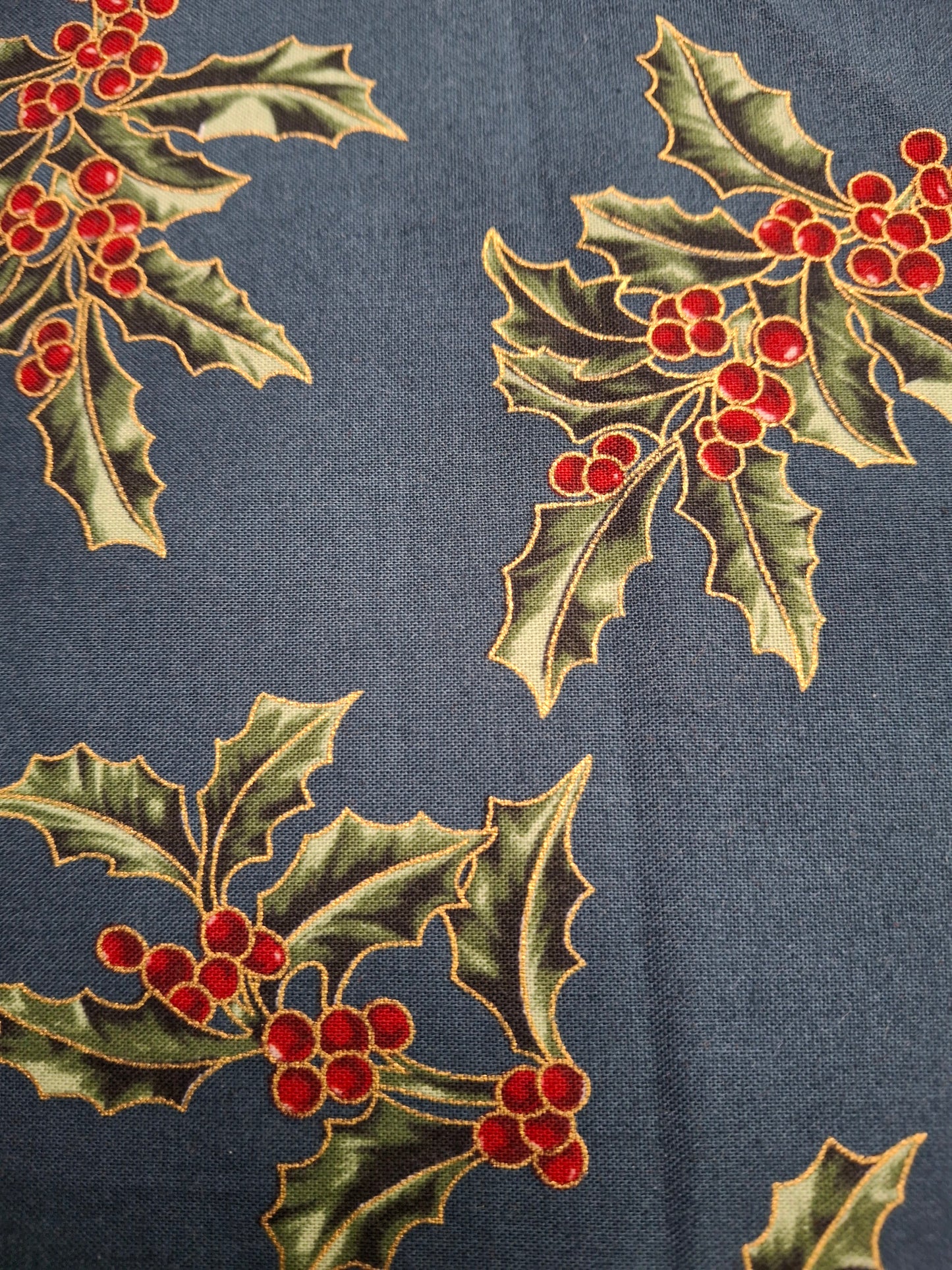 Christmas Holly on Teal - Metallic Gold Outline by Hoffman Fabrics