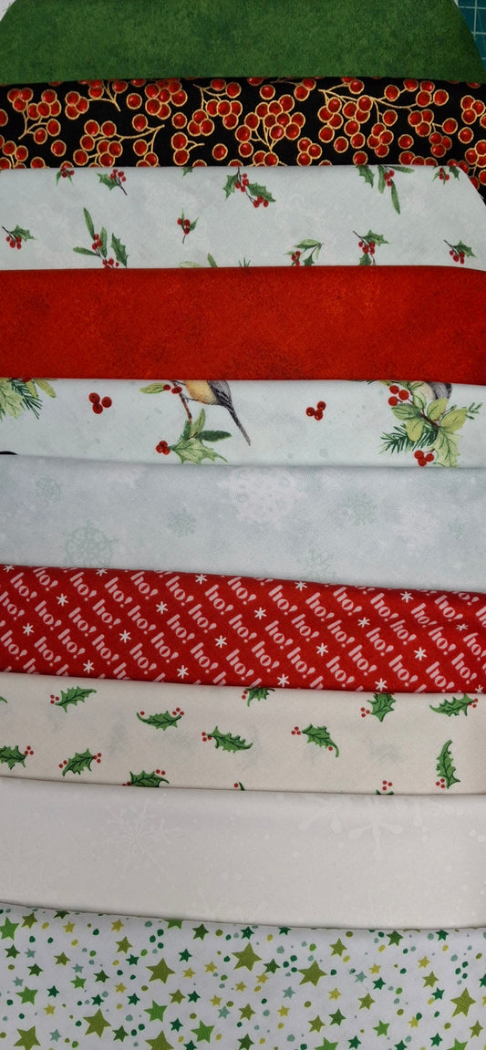 Christmas 10 inch Squares of Assorted Holiday Fabric-Chickadees/Holly