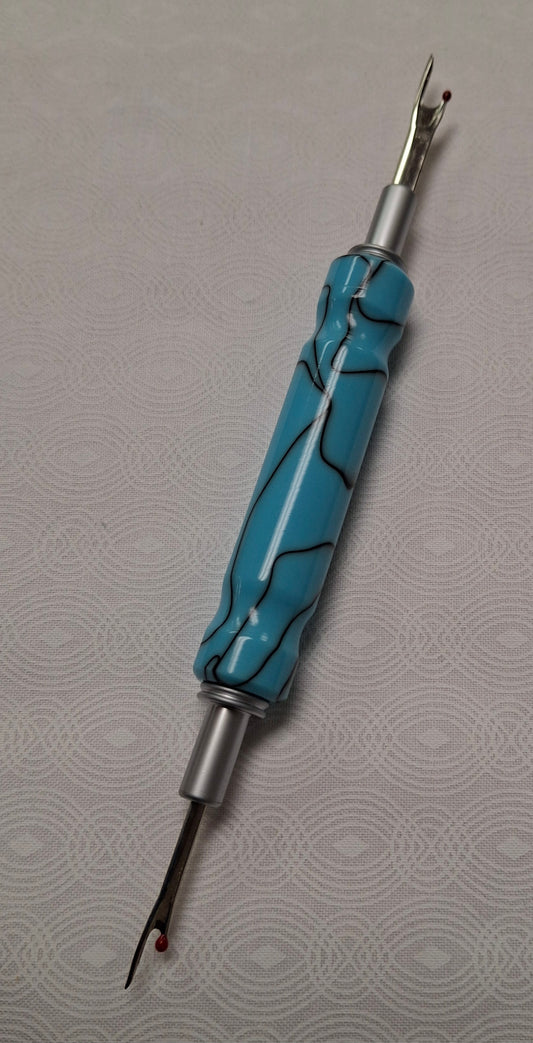 Hand Turned Acrylic Stitch Ripper - Turquoise with Black Swirls