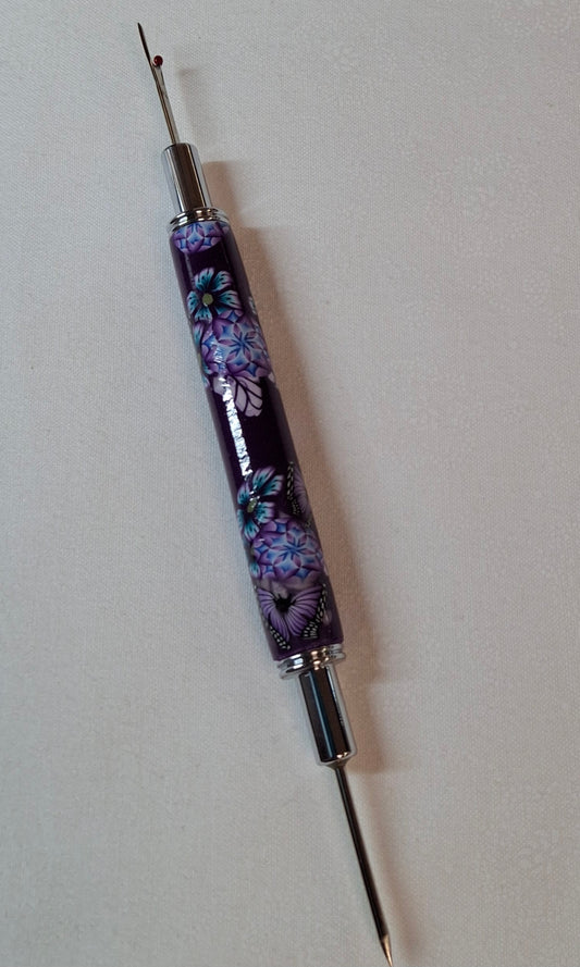 Hand Made Polymer Decorative Stitch Ripper - Butterfly Floral/Purple Background