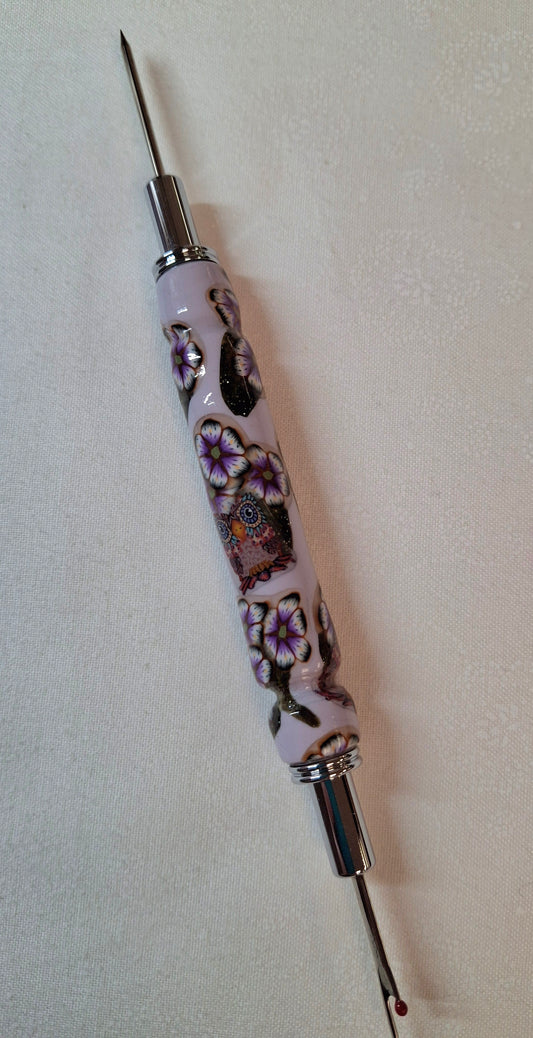 Hand Made Polymer Decorative Stitch Ripper - Owls &amp; Floral/Lavender Background