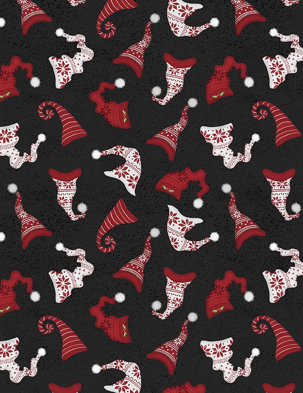 Snowy Gnomies - Red Hats on Black 49374-913 by Wilmington Prints
