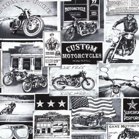 Vintage Motorcycle - News Print White | ERA by Timelss Treasures