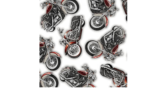 Ride Free - Tossed Motorcycles on White by QT Fabrics
