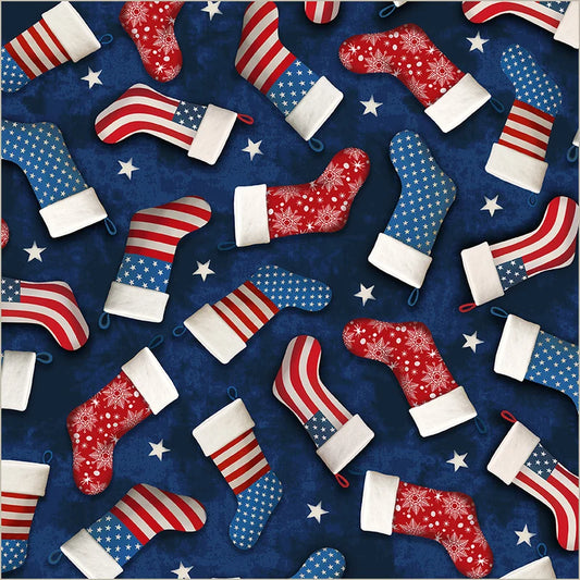 All-American Christmas - Star Spangled Stockings Blue 55276-4 by Windham Fabrics