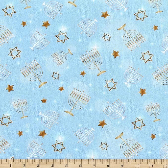 Festival of Lights - Menorahs and Stars Sky Blue by Kanvas Studio