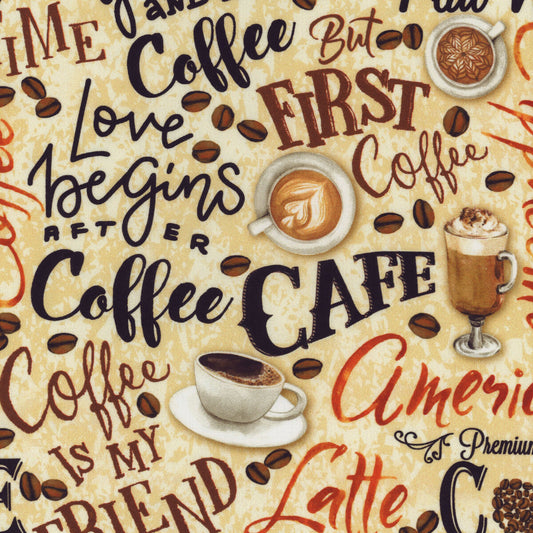 For the Love of Coffee - Fresh Brewed Words Cream by Benartex