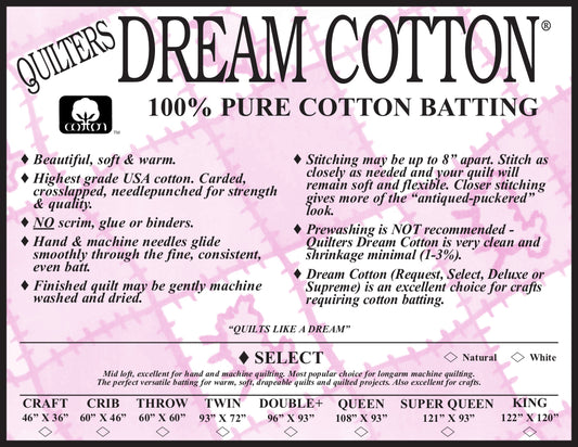 Quilters Dream Cotton - 100% Pure Cotton Batting - White Select - Super Queen