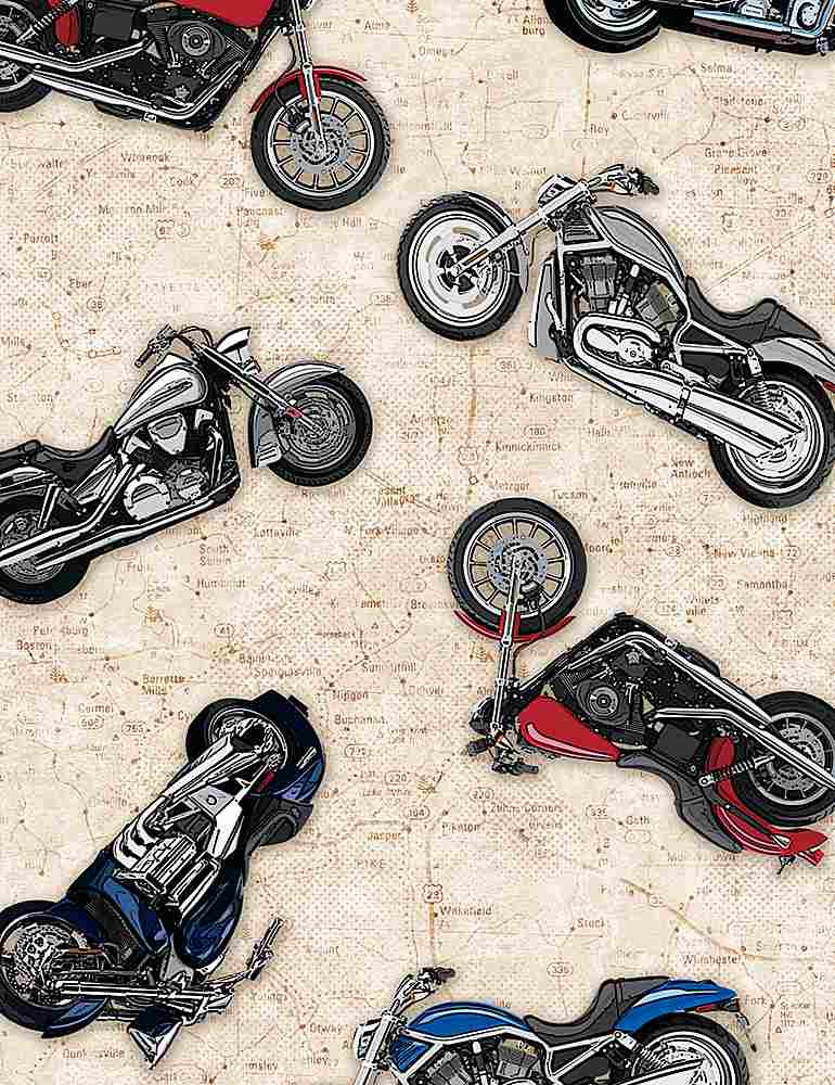 Patriotic Motorcycles on Map FUN-C8794 by Timeless Treasures