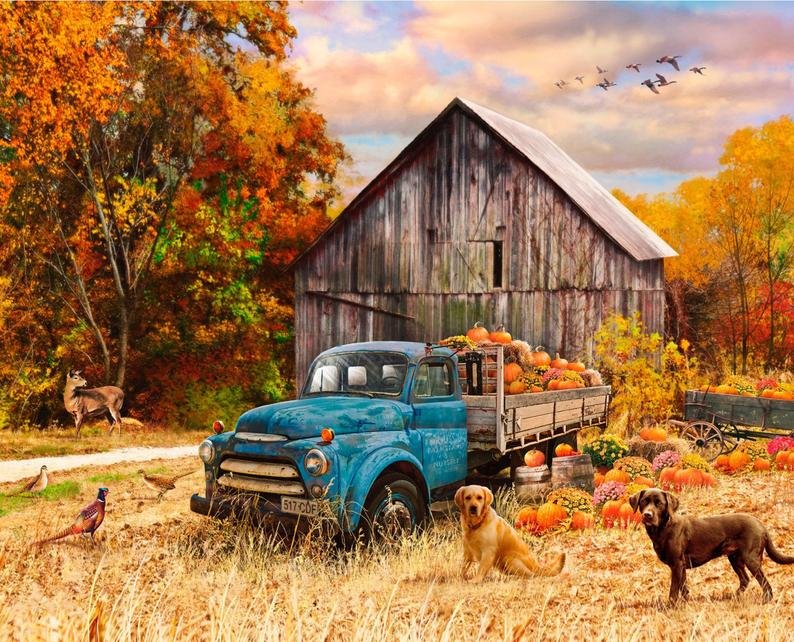 GONE - Blue Truck in Fall with Deer, Dogs and Pheasants by Four Seasons for David Textiles