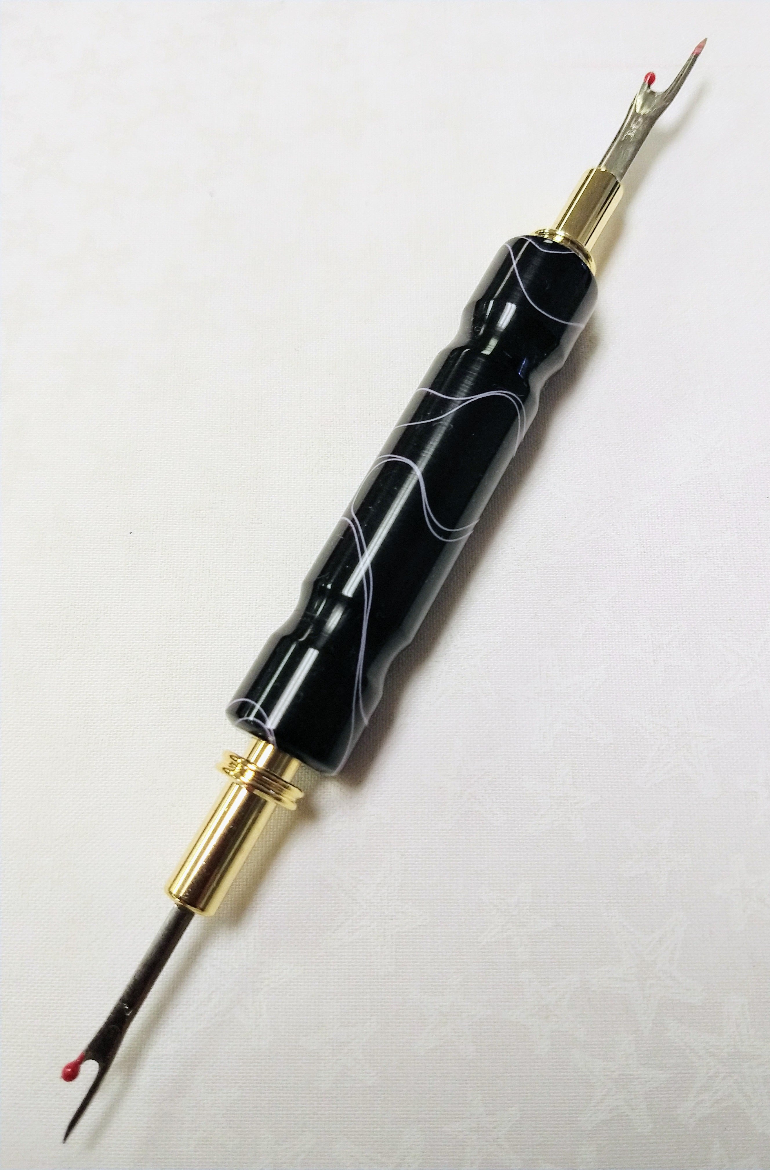 Hand Turned Acrylic Stitch Ripper - Black with White Marbling ...
