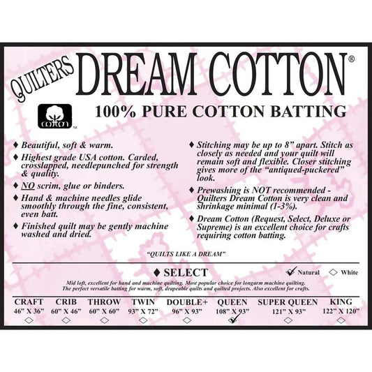 Quilters Dream Cotton - 100% Pure Cotton Batting - Natural Select - Queen