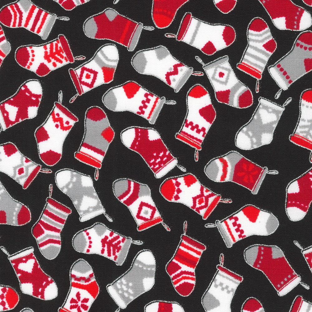 Holiday Charms - Stockings - Silver 21621-181 Onyx by Robert Kaufman