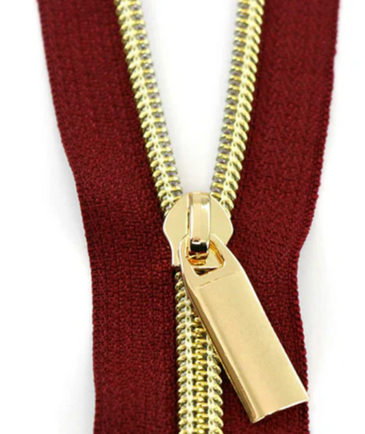 Sallie Tomato - 3 Yard Zipper - Burgundy Tape & Gold Coil