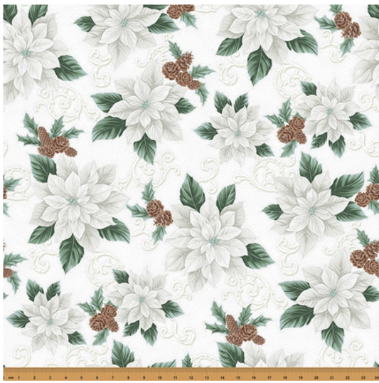 Christmas Splendor - White/Silver Poinsettia by Hoffman Fabrics