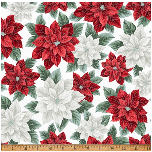 Christmas Splendor - Winter Cherry Red/White Poinsettia w/Silver by Hoffman Fabrics