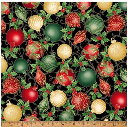 Christmas Splendor - Black/Gold Ornaments&nbsp;by Hoffman Fabrics