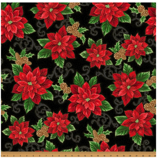 Christmas Splendor - Black/Gold Poinsettia by Hoffman Fabrics