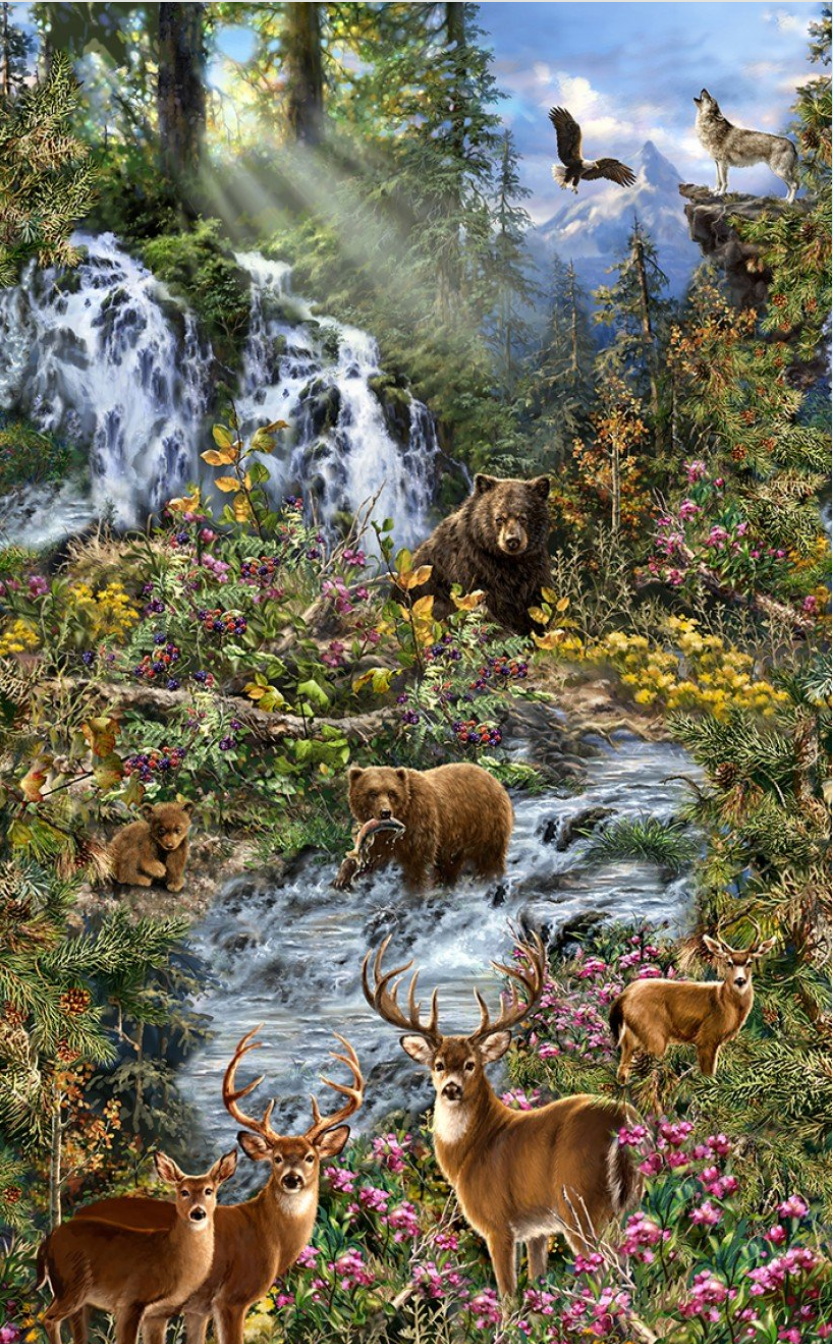 Bears and Deer Fabric Panel by Dona Gelsinger for Timeless Treasures - 048