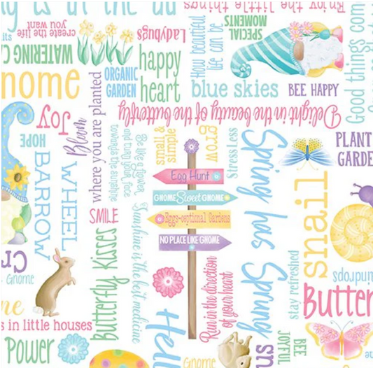 Spring Garden Gnomes - Spring Garden Words White by Benartex